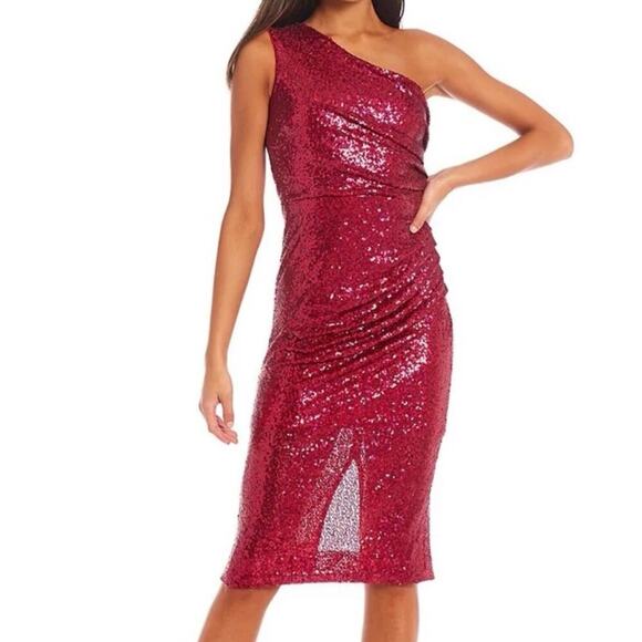 Dress The Population Martine Sequin One Shoulder Dress in Fuchsia Size S NWT - Picture 1 of 15